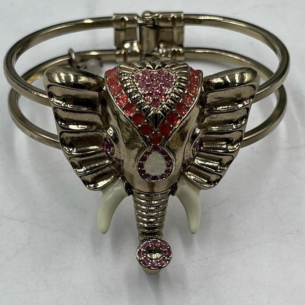 Betsey Johnson Pink Crystals Trunk Up Good Luck Elephant Bangle Hinged Bracelet